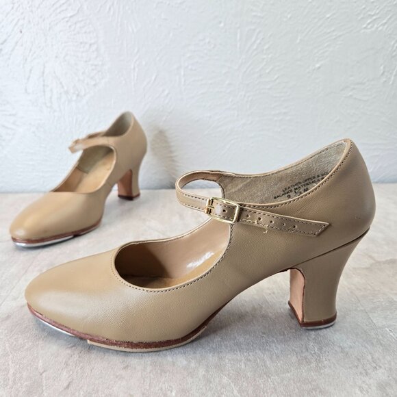 Capezio Mary Jane Tap Dancing Shoes 9.5 Tan Leather Dressy Ballerina Pump Heels - Picture 1 of 13